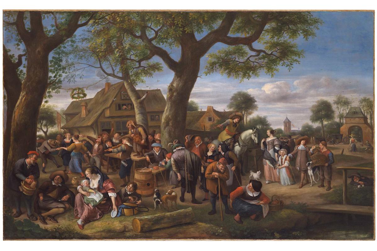 A lively outdoor village scene with people gathered under large trees, talking, playing music, and drinking near rustic houses. Children play, a dog runs, and a man rides a horse, creating a bustling, festive atmosphere.