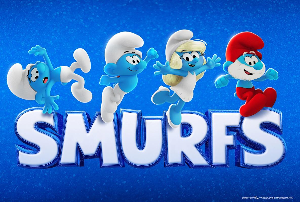 Four animated Smurfs, including Smurfette and Papa Smurf, jump above "SMURFS" in bold white letters on a sparkling blue background.