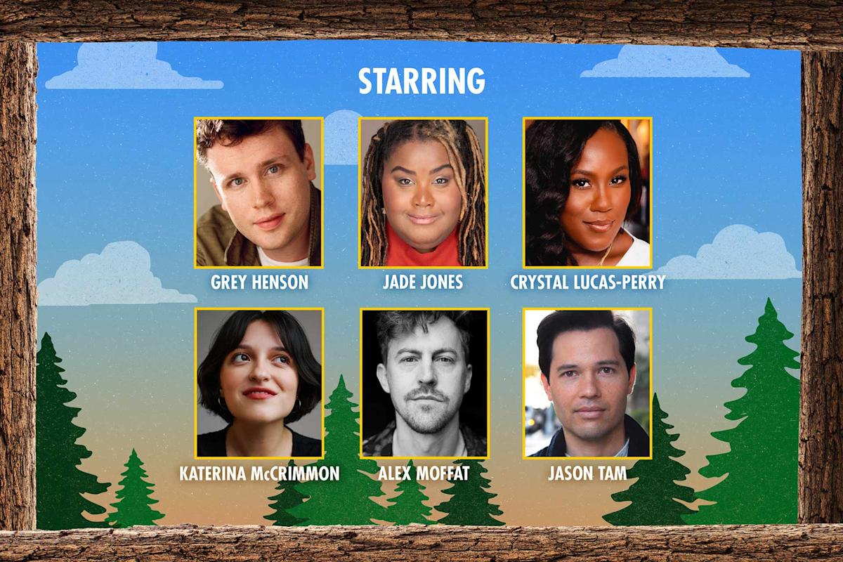 A framed poster with cartoon trees on the border featuring photos and names of six cast members: Grey Henson, Jade Jones, Crystal Lucas-Perry, Katerina McCrimmon, Alex Moffat, and Jason Tam against a sky background.