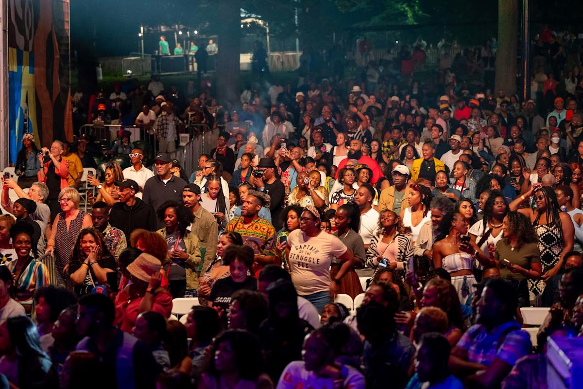 A large, diverse crowd of people stands and sits outdoors at night, enjoying a lively event. Many are smiling, clapping, or raising their hands, with trees and lights visible in the background.