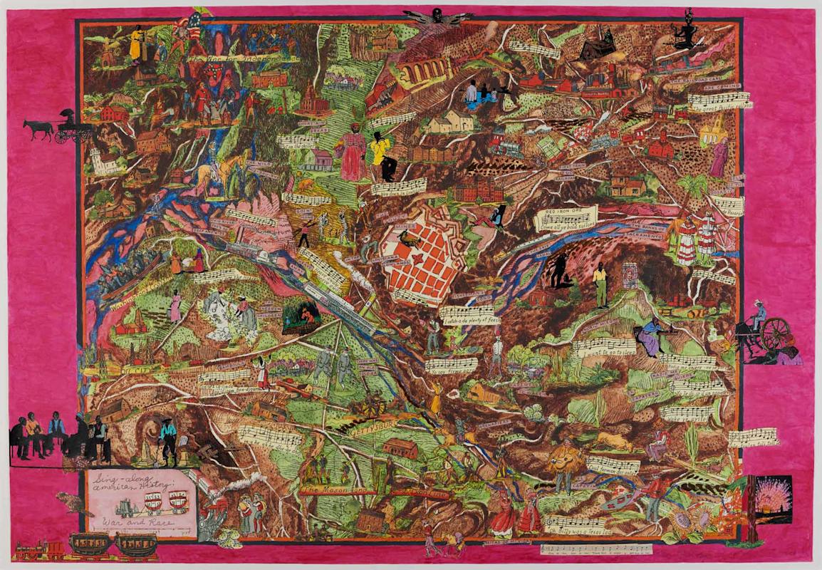 A colorful illustrated map bordered in bright pink, featuring various buildings, people, animals, handwritten notes, and landmarks spread across a hilly landscape with detailed paths, rivers, and forests.