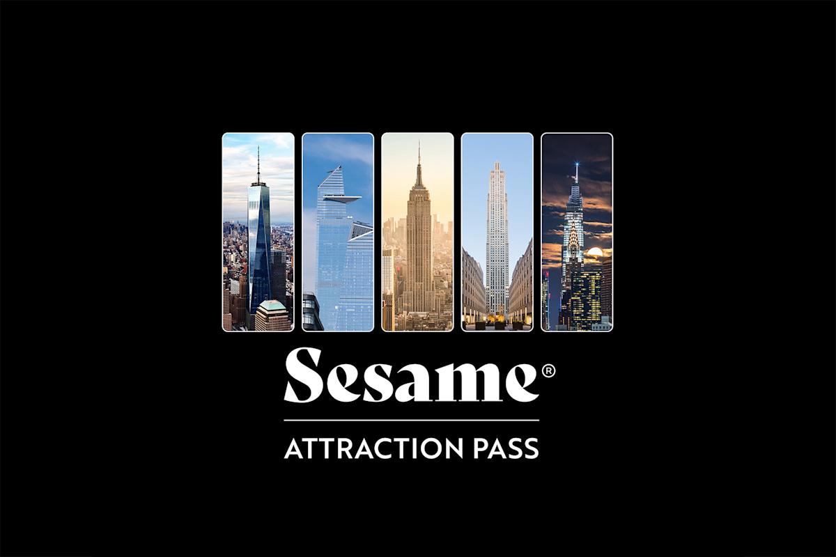Five famous New York City skyscrapers shown in vertical panels above the words "Sesame Attraction Pass" on a black background.