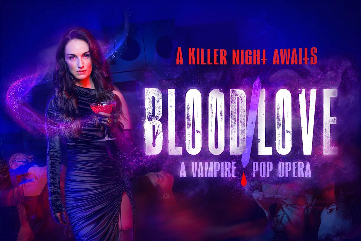 A woman in a black dress holding a blood-filled glass stands amid purple smoke. Text reads "A Killer Night Awaits. BLOOD/LOVE: A Vampire Pop Opera." Shadowy figures and dramatic lighting suggest a dark, mysterious atmosphere.