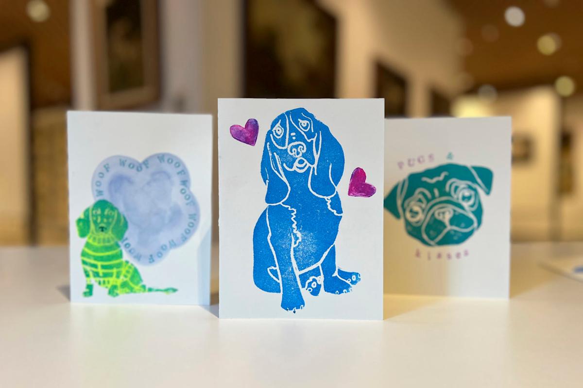three art prints of dogs made at an Art After Hours: Printmaking class at the AKC Museum of the Dog