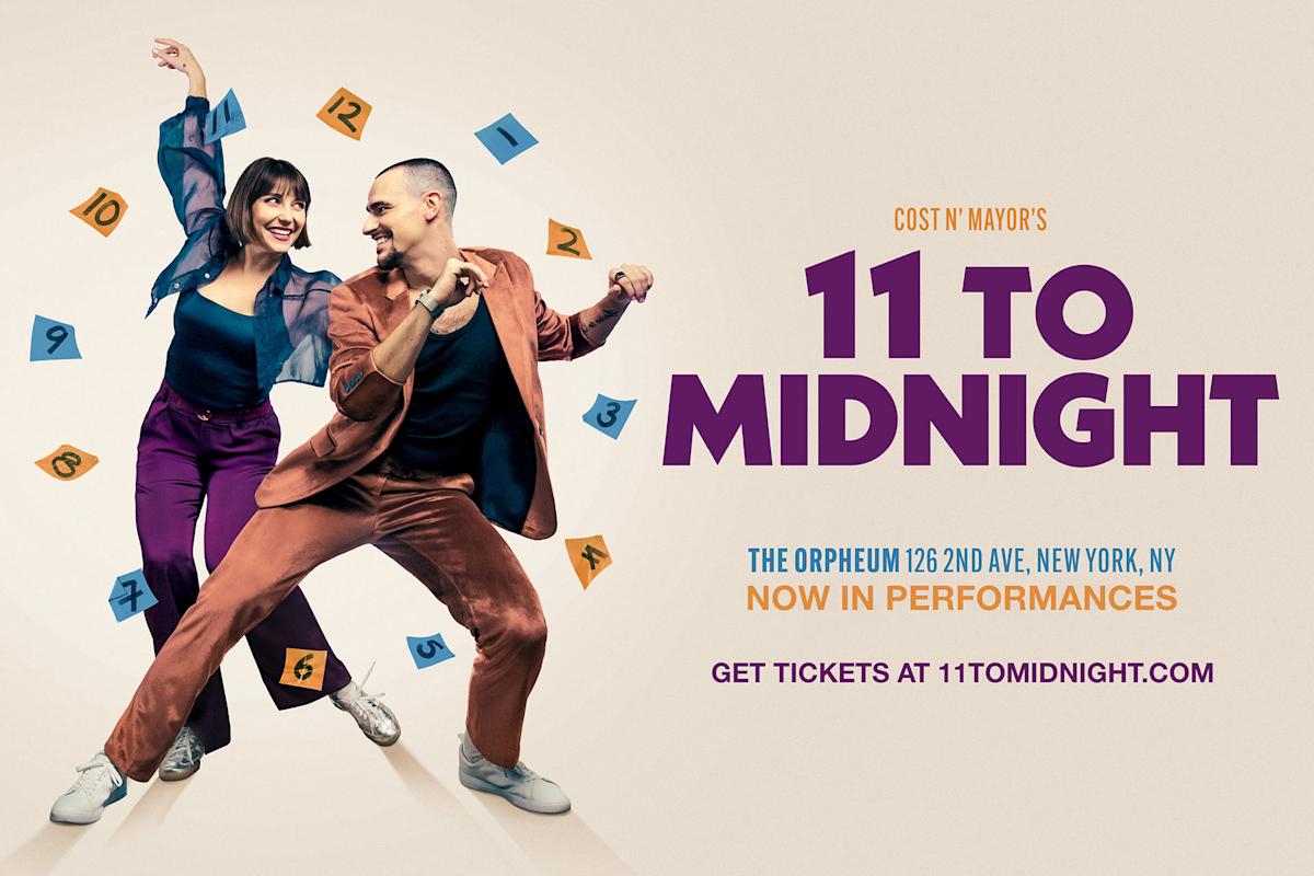 A woman and man in colorful outfits dance amid floating clock numbers. Large text reads “11 TO MIDNIGHT,” with show details for The Orpheum, NYC, and a web link for tickets.