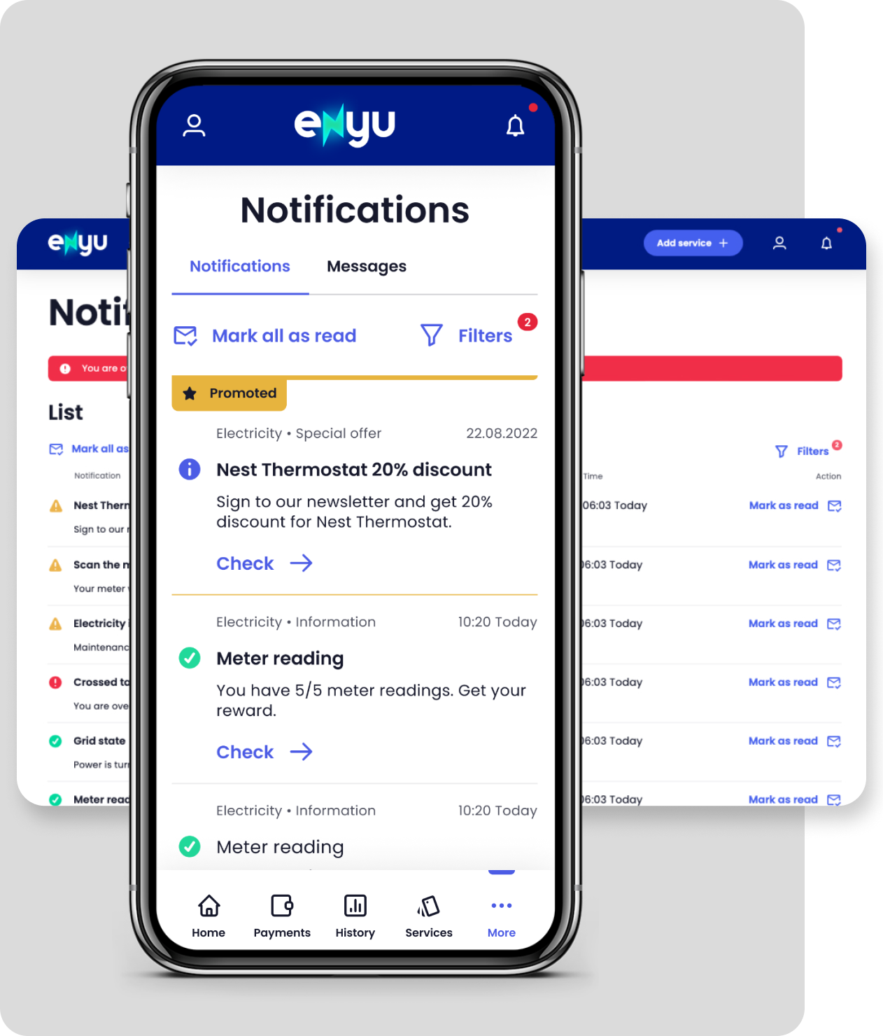 Enyu self care mobile app for energy and utilities showing a screen of push notifications and information relevant for the customer
