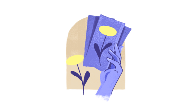 An illustration of a hand holding a number of vouchers. The one in the front has a flower on it.