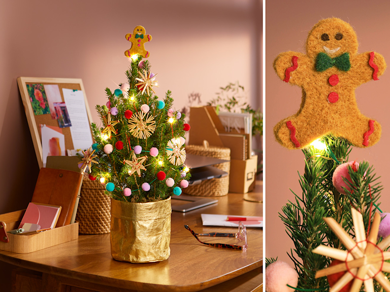Eine Zusammenstellung aus zwei Bildern. Links ist ein Mini-Weihnachtsbaum mit Strohsternen zu sehen. Rechts ist eine Nahaufnahme der Baumspitze zu sehen, die aus einem Lebkuchenmann aus Filz besteht.