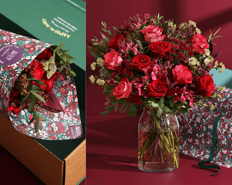 A collage of two bouquets. One bursting out of a glass vase, the other wrapped in Liberty printed paper.