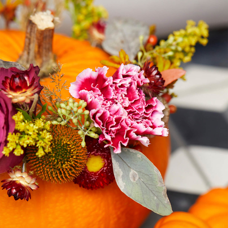 Ein Kürbis mit Blumenstielen verziert.