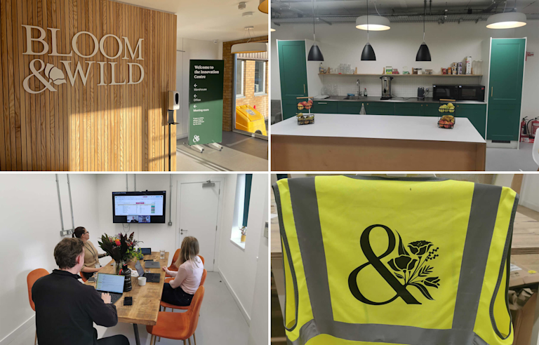 A selection of images showing the UIC centre. In one, sunlight pours through the window onto a wooden wall that says Bloom & Wild. Another shows a smart, modern kitchen. Another shows a branded Bloom & Wild high-viz jacket.