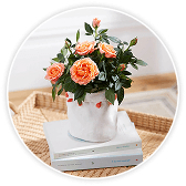 Bouquet of peach and orange roses with green foliage in a white jug, displayed on a stack of pale books on a woven surface.