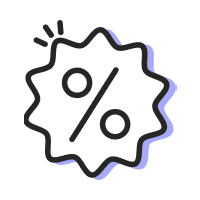 A starburst discount icon with a bold black outline, central percent symbol, and soft lilac shadow, indicating special offers and savings on flower and gift deliveries.