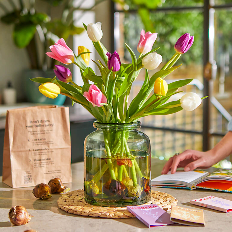 Bright British tulips in shades of magenta, soft pink and yellow, arranged in a green glass jar. Visible bulbs at the base add an earthy, organic feel.