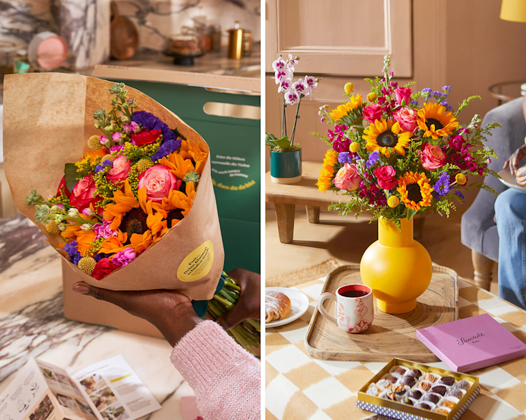 Zwei Blumensträuße mit Sonnenblumen.
