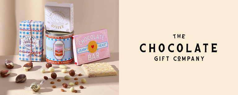A selection of chocolate gifts in whimsical, pastel-coloured packaging next to The Chocolate Gift Company's logo.