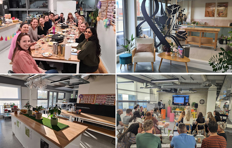 A collage of images showing the bright, airy Bloom & Wild office. In one, a group of people sit around a table laden with raclette. In another, sunlight pours through the window into a kitchen. In another, the team gathers around for a presentation.