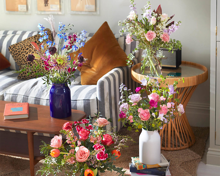 three brightly coloured bouquets