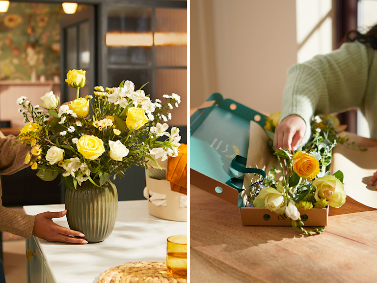 Two images side by side: the first shows a pretty bouquet in a green vase with yellow and white flowers; the second shows a person's hand unboxing a letterbox Bloom & Wild bouquet.