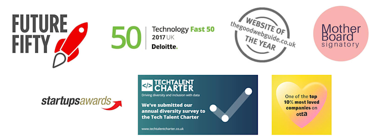 A selection of award logos, including Future Fifty, Technology Fast 50 2017, Website of the Year, Startups Awards, Tech Talent Charter, and One of the top 10% most loved companies on otta