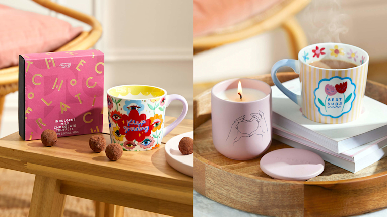 Two gift sets, side by side. One features an Eleanor Bowmer mug painted with eyes and the words 'Keep growing'. The other is a 'Best buds' mug painted with flowers and tulips.