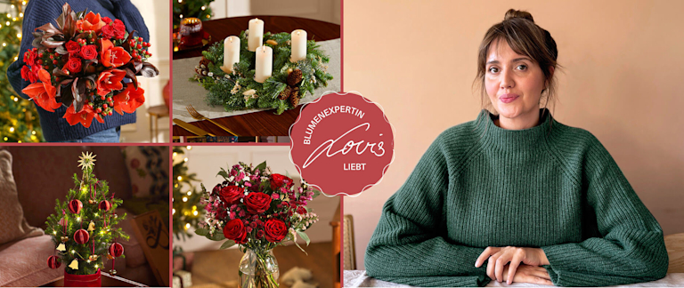 Collage mit festlichen Blumen und Pflanzen: Roter Amaryllis-Strauß, Adventskranz mit vier weißen Kerzen, beleuchteter Mini-Weihnachtsbaum, roter Rosenstrauß. Mit dem Logo "Blumenexpertin Lovis liebt".