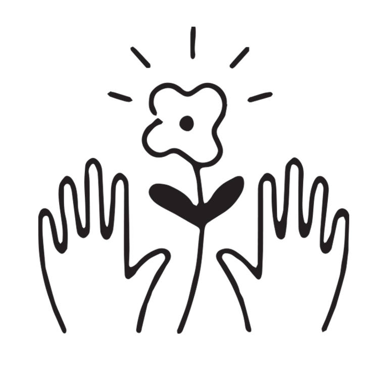 A simple illustration of two raised hands and a flower in the middle