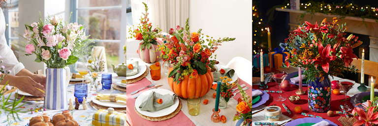 A selection of dinner party tablescapes with a floral centrepiece