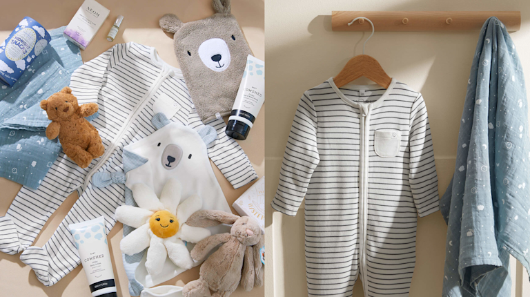 A selection of super-soft, high-quality MORI baby products, including a striped sleep suit, comforter and muslin.