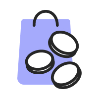 A lilac shopping bag icon layered with three bold, black-outlined coins, symbolising earned rewards, loyalty points, and savings on flower and gift deliveries.