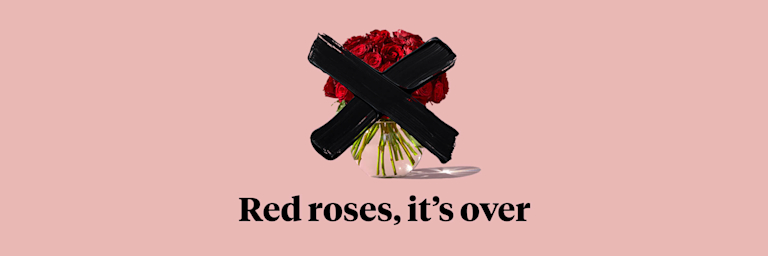A dozen red roses with a big black cross over them. Text below reads 'Red roses, it's over'