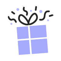 An illustrated icon of a tilted gift box. It has a simple black outline bow on top, accompanied by black confetti lines and small blue dots bursting outwards, representing a celebratory birthday moment.