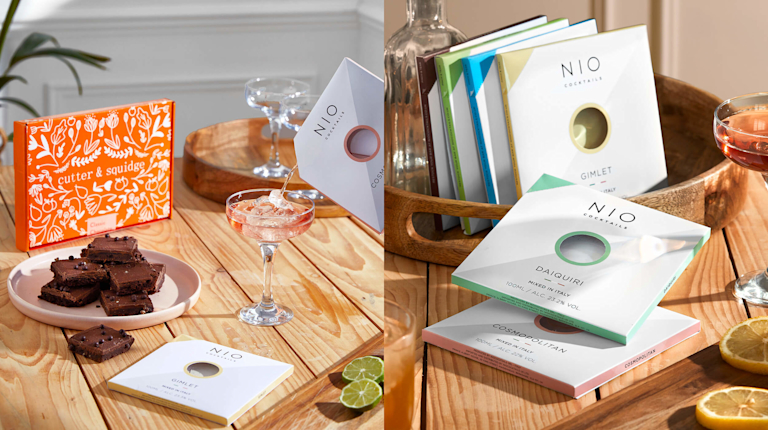 A NIO cocktail on a table, next to a fancy Martini glass. Next to it are chocolate brownies stacked on a plate. Another image shows a selection of NIO Cocktails stacked up on a drinks tray, including a Daiquiri.