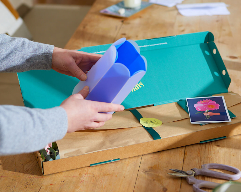 A pair of hands pops up a cobalt blue letterbox vase, next to a letterbox parcel of flowers.