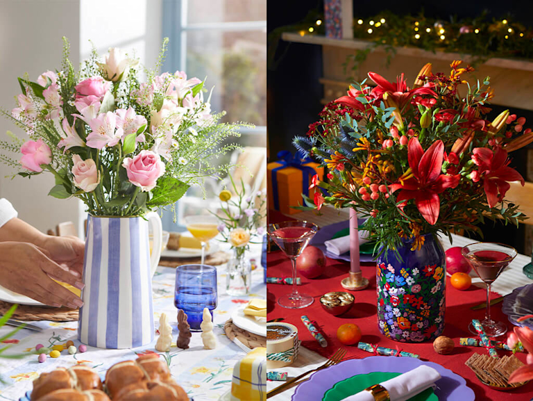 A selection of dinner party tablescapes with a floral centrepiece