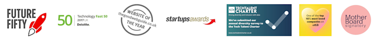 A selection of award logos, including Future Fifty, Technology Fast 50 2017, Website of the Year, Startups Awards, Tech Talent Charter, and One of the top 10% most loved companies on otta