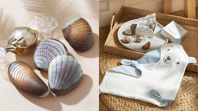 Delicious-looking chocolate in the shape of seashells, alongside a baby comforter in the shape of a bear.