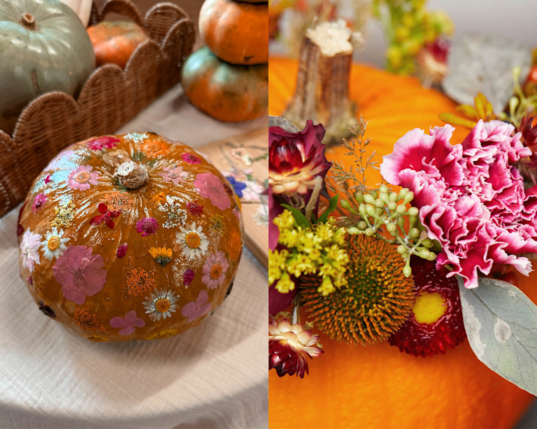 A side-by-side image of two different autumn flower decorations. On the left is a medium-sized pumpkin covered in pressed flowers of various colours. On the right, a detail shot of a large, carved pumpkin decorated with fresh flowers.