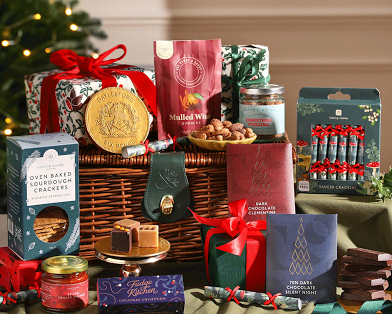 Selection of festive nibbles and treats displayed on a wicker basket.