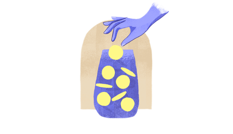 An illustration of a hand dropping gold coins into a vase.