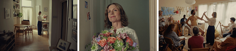 Three frames from the Bloom & Wild 'Empty Nest' Ad, featuring a woman in her 50's carrying a 'The Helen' bouquet up a slight of stairs, and then a scene in a bedroom art studio, featuring a life drawing class.