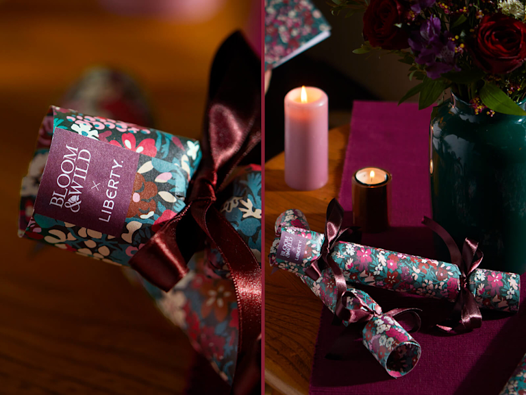 A collage of mini Christmas crackers, made with a Bloom & Wild X Liberty print.