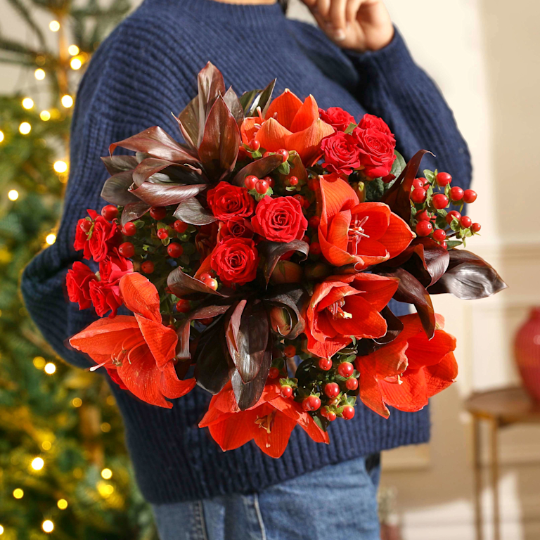 Opulenter Strauß aus roten Amaryllis und Rosen, dunkelrotem Laub und leuchtenden Beeren, gehalten von einer Person in blauem Strickpullover vor einem beleuchteten Weihnachtsbaum.