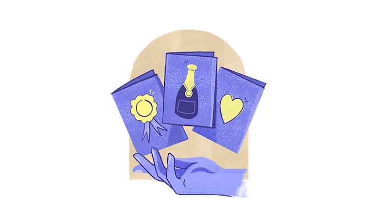 An inviting hand presents three greeting cards. The cards, featuring sunny-yellow motifs of a rosette, champagne bottle, and a heart, hover gently against an arch.