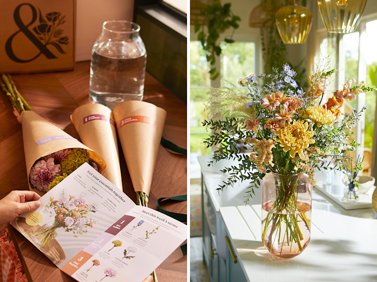 Two images side by side: the first shows individually wrapped stems and a booklet of styling tips; the second shows a large bouquet arranged in a vase, with yellow, orange and blue stems.