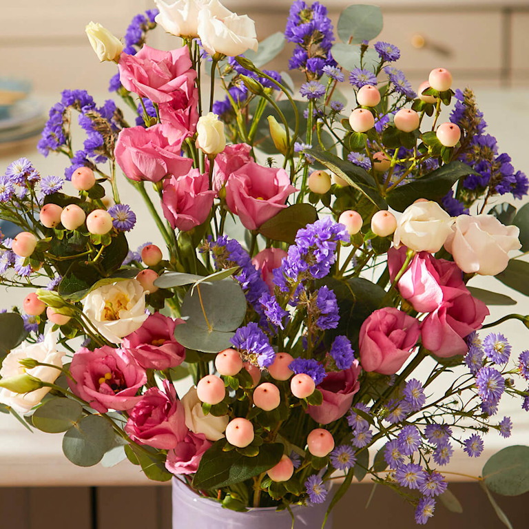 A bouquet of pink, white and purple flowers
