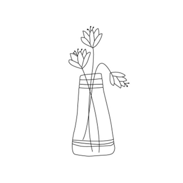 Eine Illustration einer Vase, in der zwei frische, und eine verwelkte Blume zu sehen sind.