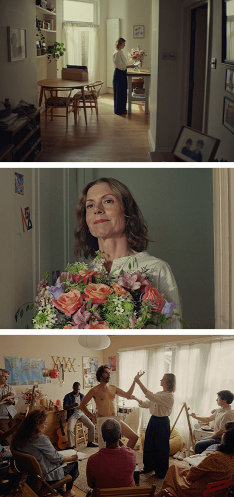 Three frames from the Bloom & Wild 'Empty Nest' Ad, featuring a woman in her 50's carrying a 'The Helen' bouquet up a slight of stairs, and then a scene in a bedroom art studio, featuring a life drawing class.