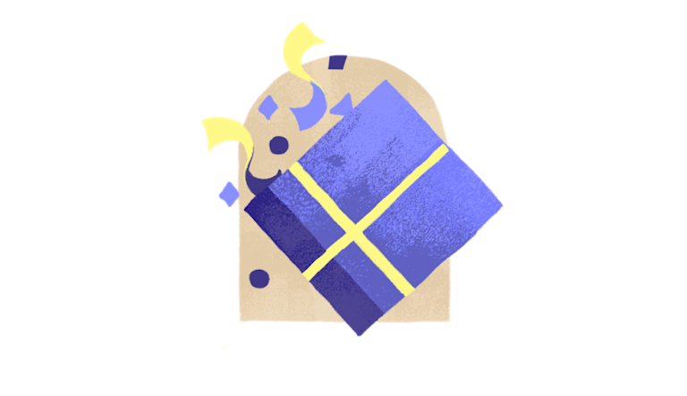 An illustration of a wrapped gift, surrounded by confetti.