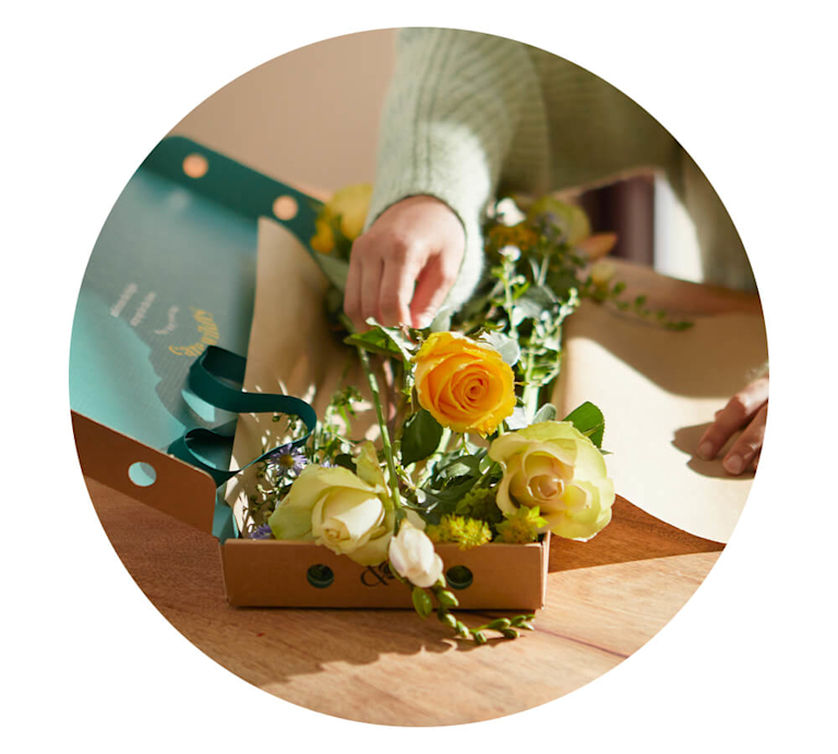 A woman's hand gently lifts yellow roses out of a Bloom & Wild letterbox package.
